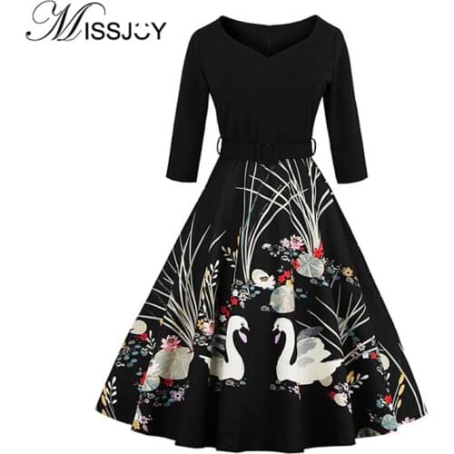 MISSJOY Christmas party Dresses Winter floral print A-line Three Quarter sleeve V-Neck patchwork high waist with Belt plus size
