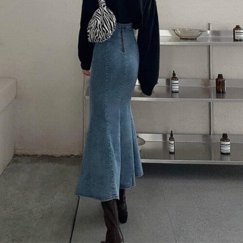 Side Slit Trumpet Skirts Womens Vintage Retro Chic Slim Female Clothing Harajuku Ulzzang Streetwear Bottom Midi Jeans Skirt