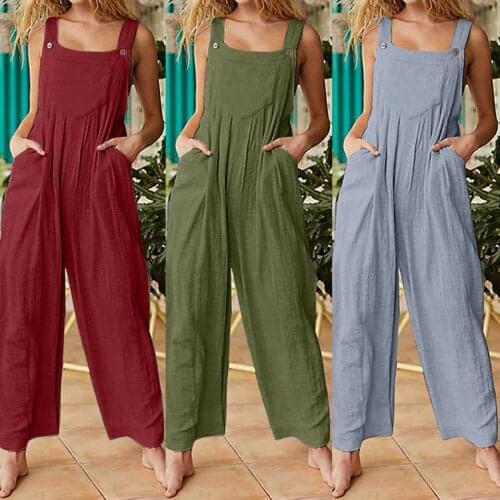 Womens Sleeveless Dungarees Rompers Cotton Linen Jumpsuit Loose Preppy Style Pants Casual Pocket Overalls Playsuits