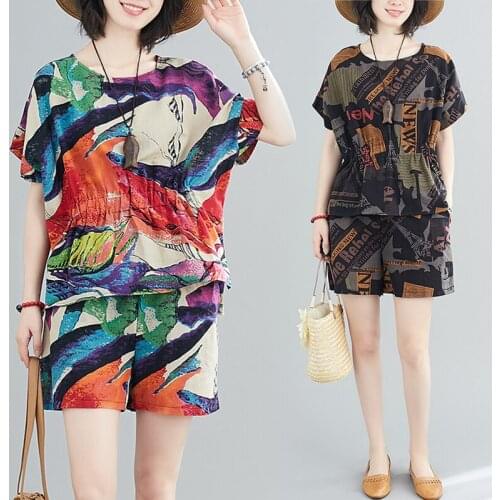 #0859 Summer Sets Women Plus Size 2XL Short Sleeve O-neck Tshirts And Casual Loose Shorts Female Cotton Linen Printed Letter
