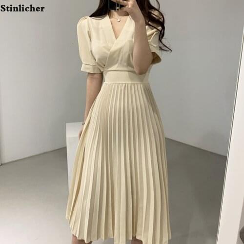 Korean style women pleated dress summer fashion V-neck short sleeve office ladies work long dress casual midi dress woman