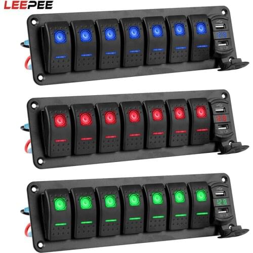12V/24V 7 Gang Rocker Switch Panel Digital Voltmeter Dual USB Chargers Car Truck Bus Ship Marine Circuit Breaker DC