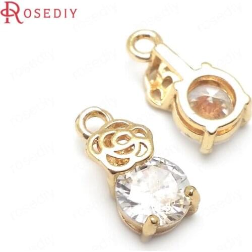 36426)10PCS 12x6MM 24K Champagne Gold Color Brass with Zircon with Rose Round Charms Pendants High Quality Diy Jewelry Findings