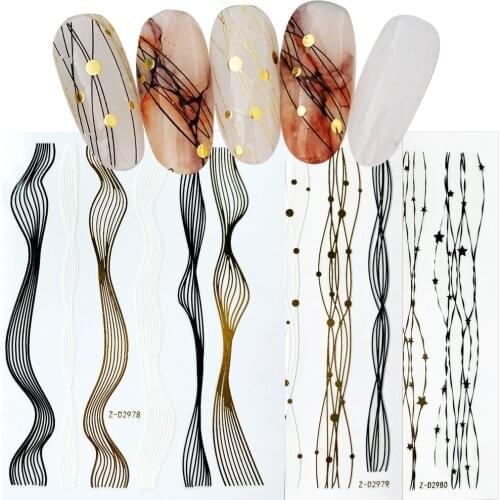 1pcs Gold Curve Wave Shape 3D Nail Stickers Metal Stripe Line Geometric Self-Adhesive Transfer Foils DIY Decal Manicure Decor