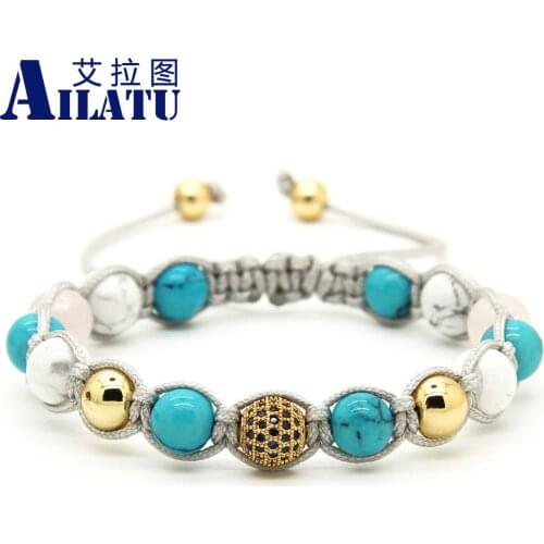 Ailatu Wholesale 10pcs/lot White Howlite Marble Stone Beads with 9mm Micro Paved Blue Cz Ball Macrame Bracelet