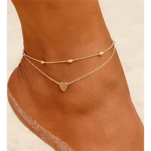 FNIO Two Layers Chain Heart Style Gold/Silver Color Anklets For Women Bracelets Summer Barefoot Sandals Jewelry On Foot Leg Chai