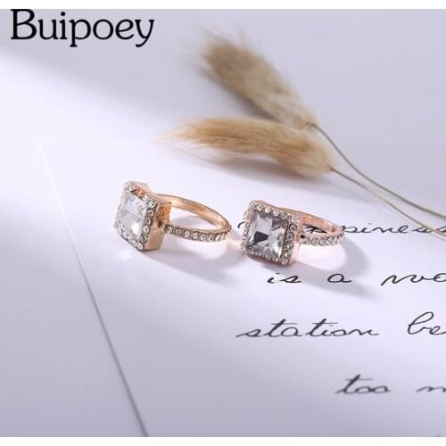 Buipoey Fashion Shiny Square Crystal Ring For Women Original Rose Gold Stackable Lovers Female Engaged Wedding Ring Jewelry Gift