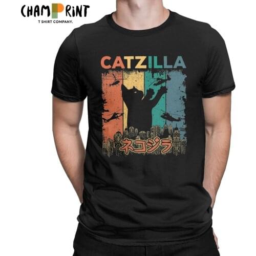 Catzilla Kitten Lover T-Shirt for Men Awesome Cotton Tee Shirt Round Neck Short Sleeve T Shirts Plus Size Clothes
