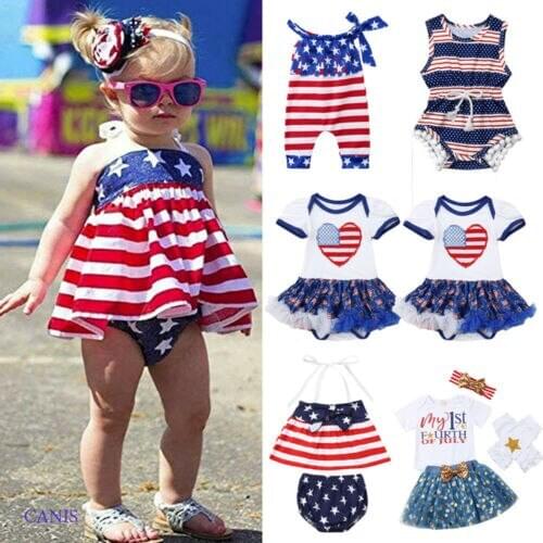 Toddler Baby Clothes 2019 Brand Infant Baby Girl 4th July Sleeveless Lace up Romper Outfit Casual Striped Cotton Clothing