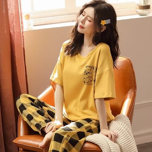 Long Pants Short Sleep Tops Women Sleepwear Pajamas Set Cotton Korean Lattice underwear pijama mujer loungewear Women clothes
