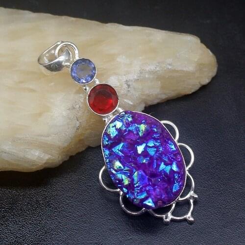 Gemstonefactory Jewelry Big Promotion 925 Silver Natural Titanium Garnet Amethyst Women Ladies Gifts Necklace Pendant 1274