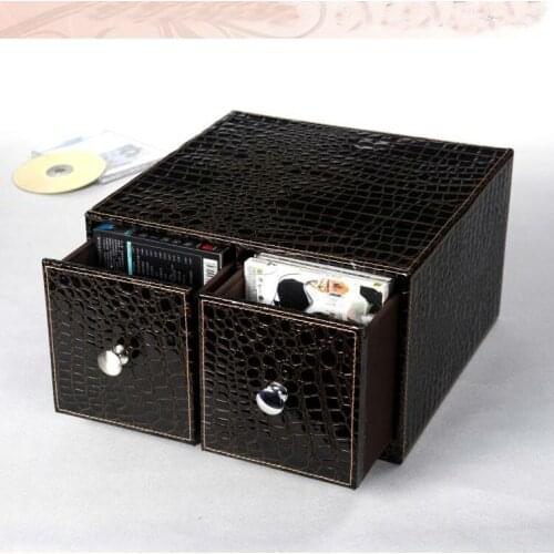 Horizontal home office 2-drawer leather desk CD/DVD sundries container storage box case organizer holder croco brown 226D