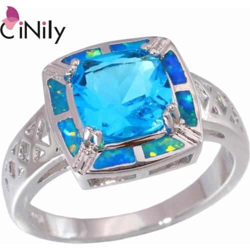 CiNily Created Blue Fire Opal Blue Zircon Silver Plated Wholesale for Women Jewelry Wedding Party Ring Size 6 7 9 OJ5899