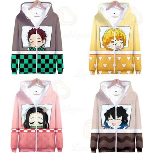 Kids Adults Zipper Hoodies Demon Slayer 3D Printed Zip Up Spring Autumn Hooded Jacket Support Wholesale Dropshipping