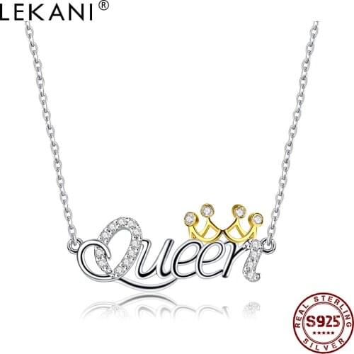 LEKANI Necklace For Women S925 Sterling Silver Queen Letter Pendent Necklace Wear Golden Crown Girlfriend Gifts Fine Jewelry