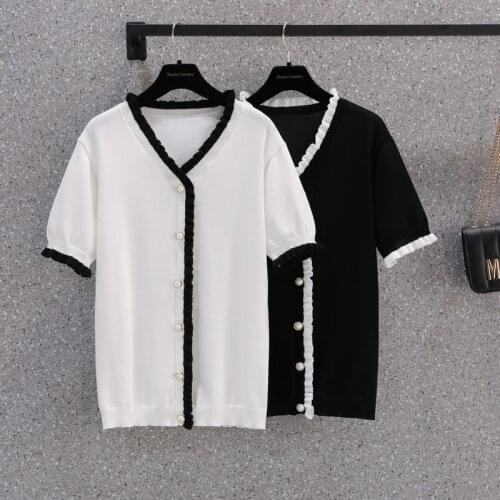 M-4XL Plus size Summer thin kintting T-shirt 2021 short sleeve button loose lace Patchwork chic Oversized sweater pullover