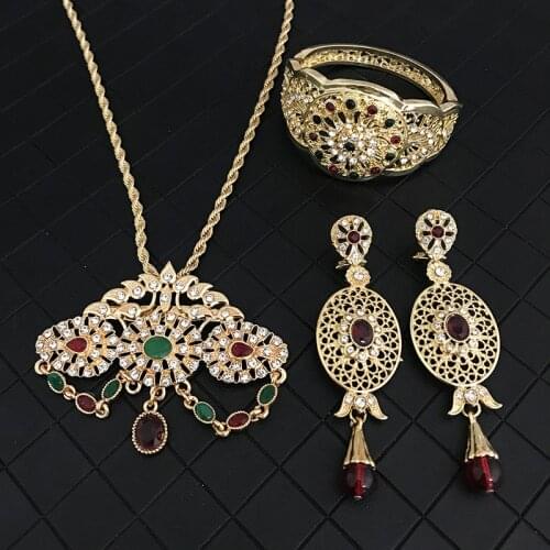 Morocco hot selling wedding jewelry set for women water-drop shape pendant fashion green crystle jewelry necklace/bracelet/earr