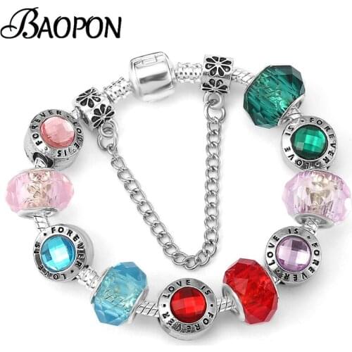 BAOPON Fashion Silver Plated Love is Forever Charm Bracelets With Colorful Crystal Beads Bracelets For Women DIY Jewelry Gift