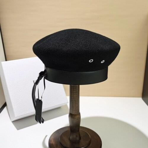 202108-wei new autumn winter wool Naval style pu brim fashion street lady beret hat men women Leisure painter hat