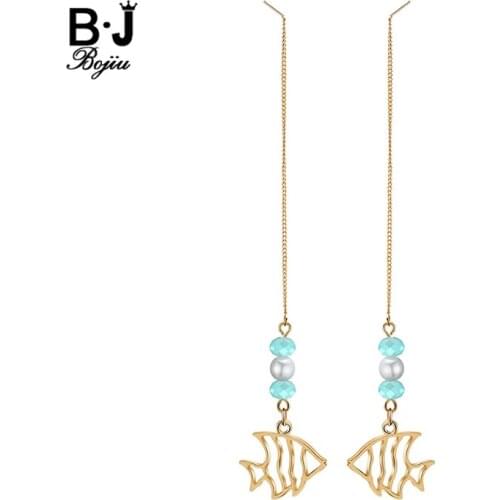 BOJIU New Long Drop Dangle Earrings For Women Trendy White Pearl Light Blue Crystal Eardrop Gold Fish Star Pendant Earring EA052