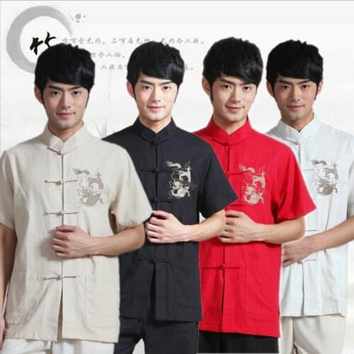 2016 New Design 4 color Vintage Traditional Chinese Clothing Mens shirt top Summer Linen Blouse with Dragon