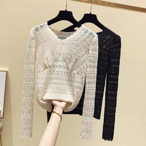 Autumn Fashion Lace Womens Clothing 2020 V-neck Ladies Tops Casual Spliced Solid Tops for Women Blouse Black Long Sleeve 0822