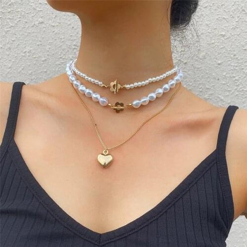 3pcs Coin Faux Pearl Decor Choker Necklace Set Heart Flower Pendant Necklace for Women 2020 Trendy Temperament Party Jewelry