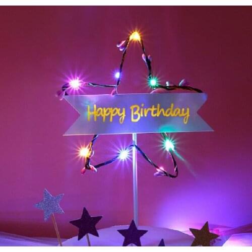 Cake topper banner flag for DIY Cupcake Wrapper Baking party bar Table baby shower Glitter Happy Birthday Star/heart Light wh