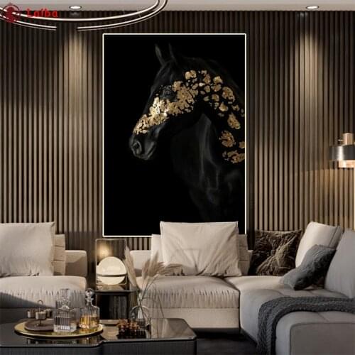 Full square round drill set Black and white animal art, black golden horse diy diamond painting 5d diamond Home Wall Decor
