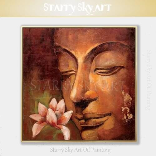 Professional Artist Hand-painted High Quality Buddha Portrait Oil Painting on Canvas Buddha with Lotus Flower Oil Painting