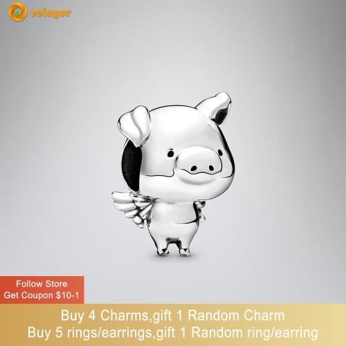 Volayer 925 Sterling Silver Beads Pippo the Flying Pig Charms fit Original Pandora Bracelets for Women Jewelry Making Gift