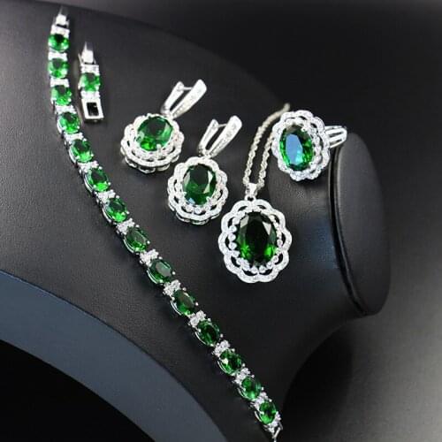 Senior jewelry womens luxury emerald four piece Necklace Earrings Ring Bracelet bride jewelry set for birthday gift
