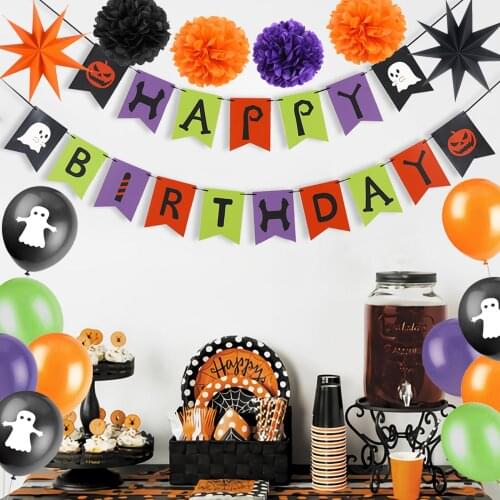 Halloween Theme Party Decoration 47Pcs/set Banner Balck Orange Stars Lantern Balloons Glasses Halloween Birthday Party Supplies