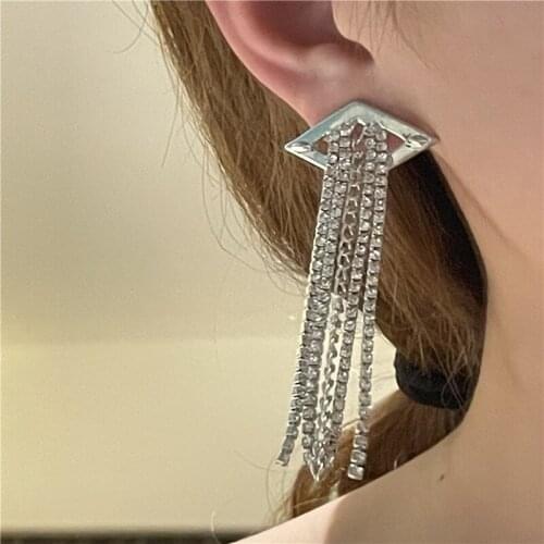 Vintage Metal Geometric Rhombus Earrings for Women Punk Jewelry Hiphop Crystal Chain Tassel Pendant Female Earring Brincos
