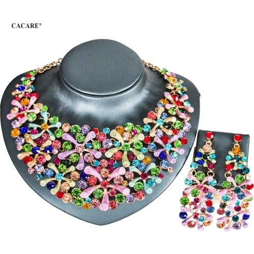 Vintage Jewelry Sets Women Big Necklace Earring Set Dubai Gold Indian Jewellery F1104 Rhinestone Party Jewels 7 Colors CACARE