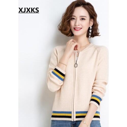 XJXKS 2021 autumn new women wool knitted sweater cardigan high quality comfortable zipper jacket women sweater coat
