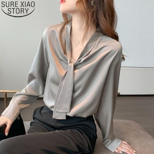 2021 Spring V-neck Gray Long Sleeve Blouse Women Fashion Office Lady Blouse Tie Shirt New Korean Clothes Loose Tops 11545