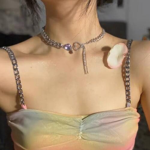 AOMU New Trendy Elegant Purple Love Heart Rhinestone Tassel Necklace Vintage Chain Clavicle for Women female Party Club Jewelry