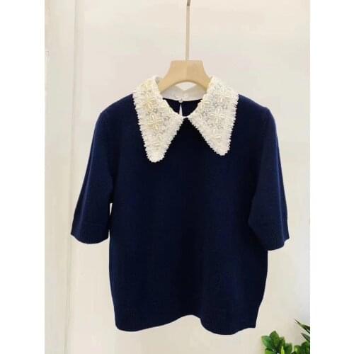 Fashion 2021 new ladies short sleeve sexy casual pearl collar cashmere pullover 1221
