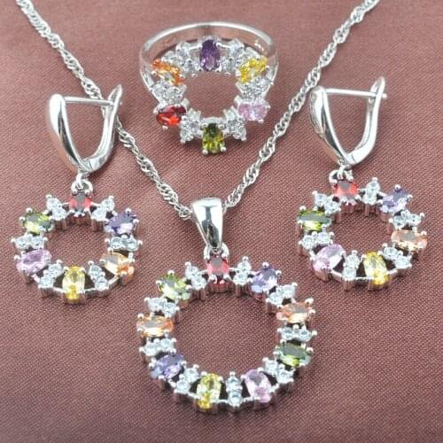 Natural Australian Crystal Silver Plated Jewelry Set Wedding Women Multicolor Cubic Zirconia Earring Pendant Rings YZ0413