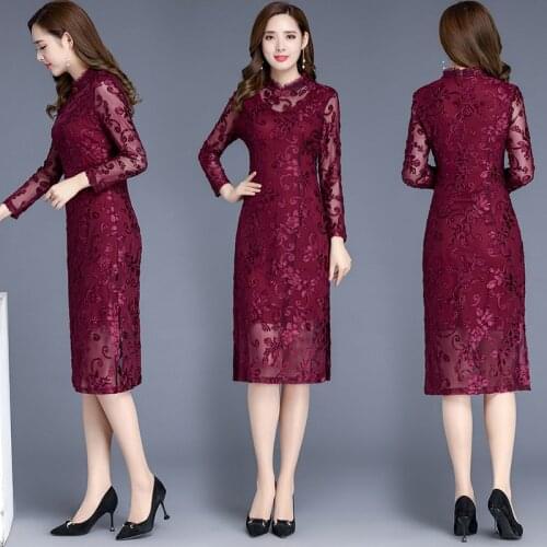 Spring Fall Womens Mandarin Collar Chinese Wine RedVelvet Floral Chongsam Dress , Woman Slim 4xl Chipao Velour Dresses