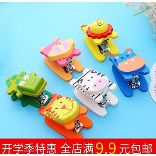 1PC cartoon wooden animal mini stapler elephant tiger cow hippo alligator screw connected manual stapler school supply