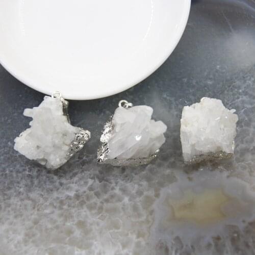 1pcs Natural Rough Crystals Drusy Pendants White Quartz Druzy Nugget Silvery Edge Necklace DIY Jewelry Making For Women Gift
