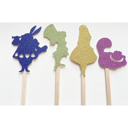 Glitter Alice in Wonderland birthday cupcake toppers baptism Christening party decoration doughnut food toothpicks