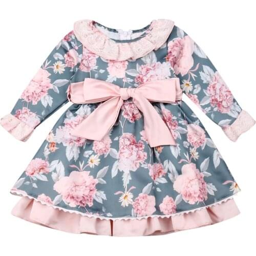 Baby Girl Floral Printed Lace Detailed A Line Short Dress 1-6Y Kids Children Autumn Casual Long Sleeve Party Dress with Bowknot