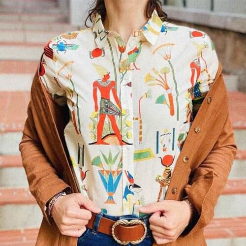 Elegant Blouse Women Long Sleeve Egyptian Mural Print Pattern Turn Down Neck Thin Shirts Fashion Chic Femme 2021 Tops Shirt