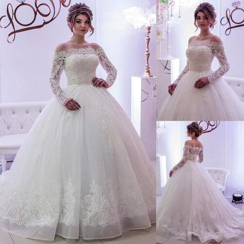 Elegant Tulle Off-the-shoulder Neckline Ball Gown Wedding Dresses Long Sleeves Crystals Bridal Gown abiti da sposa
