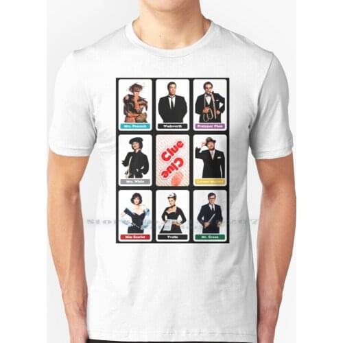 Clue ( 1985 ) - Suspect Cards T Shirt 100% Pure Cotton Movie Clue Board Game Wadsworth Yvette Peacock White Scarlet Plum Mustard