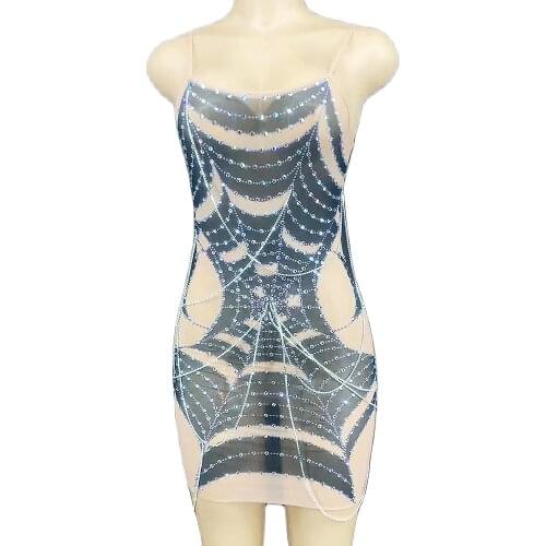 Sparkly Rhinestones Mesh Perspecitive Tight Short Dress Silver Beaded Chain Women Dress Evening Prom Outfit Nightclub Costume
