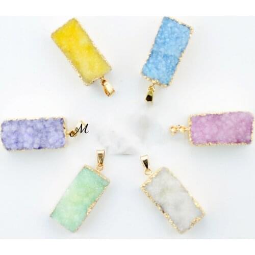 Classic European Gold Color Jewelry for Women Colorful Drusy Druzy Natural Crystal rectangle Stone pendant for diy Necklace